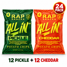 Load image into Gallery viewer, Rap Snacks All In Pickle &amp; Cheddar Potato Chips 1.5 oz – Assorted 24-Pack (12 of Each)