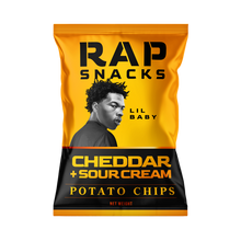 Load image into Gallery viewer, Rap Snacks Lil Baby Cheddar + Sour Cream Chips (2oz) (12 bags)