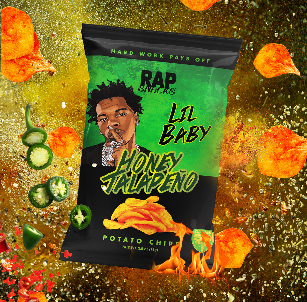 Rap Snacks Lil Baby flavor burst jalapeño chip bag.