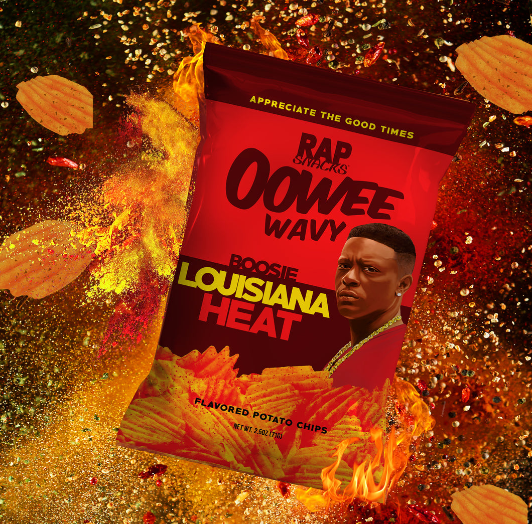 Rap Snacks Boosie chip bag in square flavor burst layout.