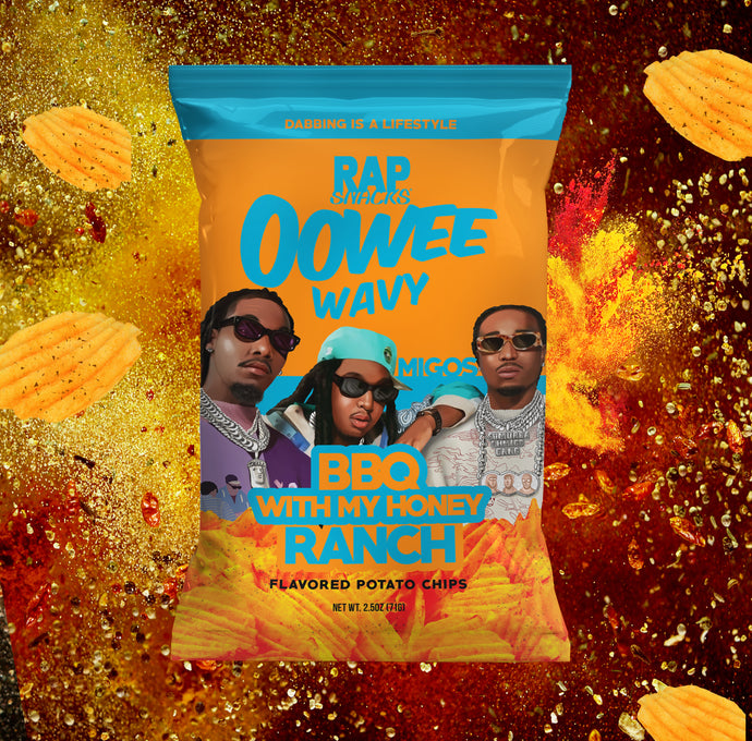 Rap Snacks Migos Oowee Wavy BBQ with My Honey Ranch popcorn square banner.