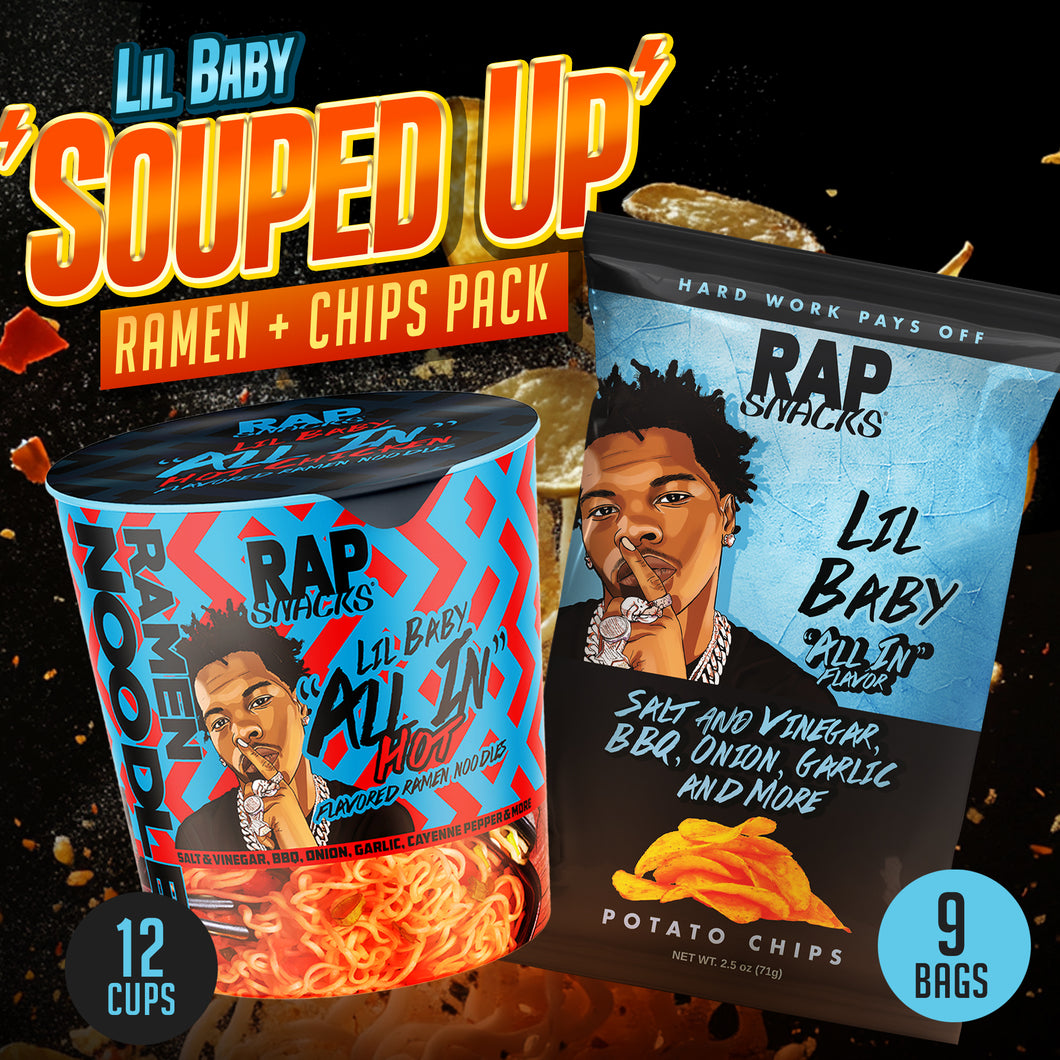 Lil Baby Rap Snacks noodle cup and chip bag promotional combo.