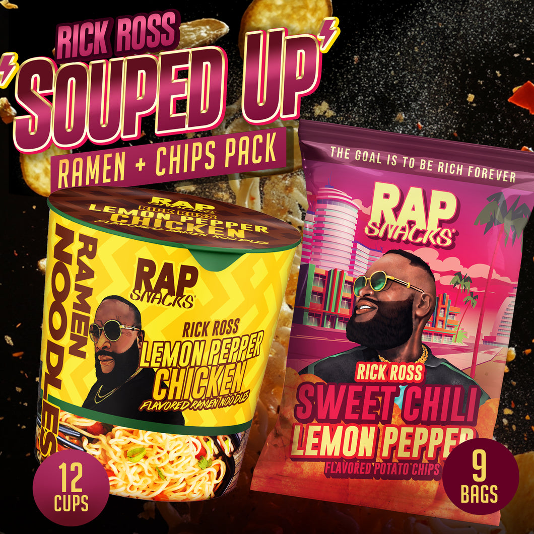 Rick Ross Rap Snacks noodle cup and chip bag combo.